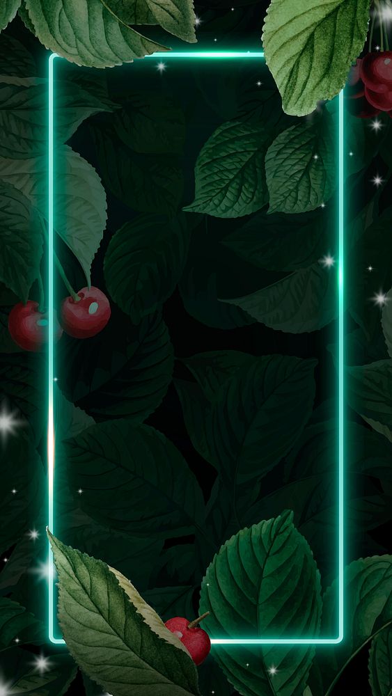 Rectangular green neon frame decorated with cherries leaves mobile phone wallpaper vector