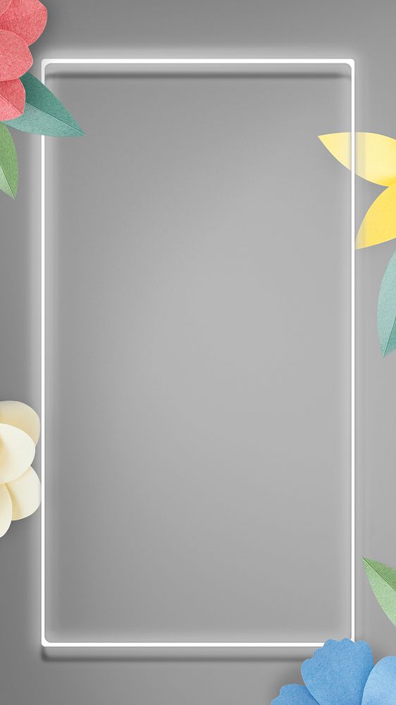 Flower decorated neon frame on gray wall mockup
