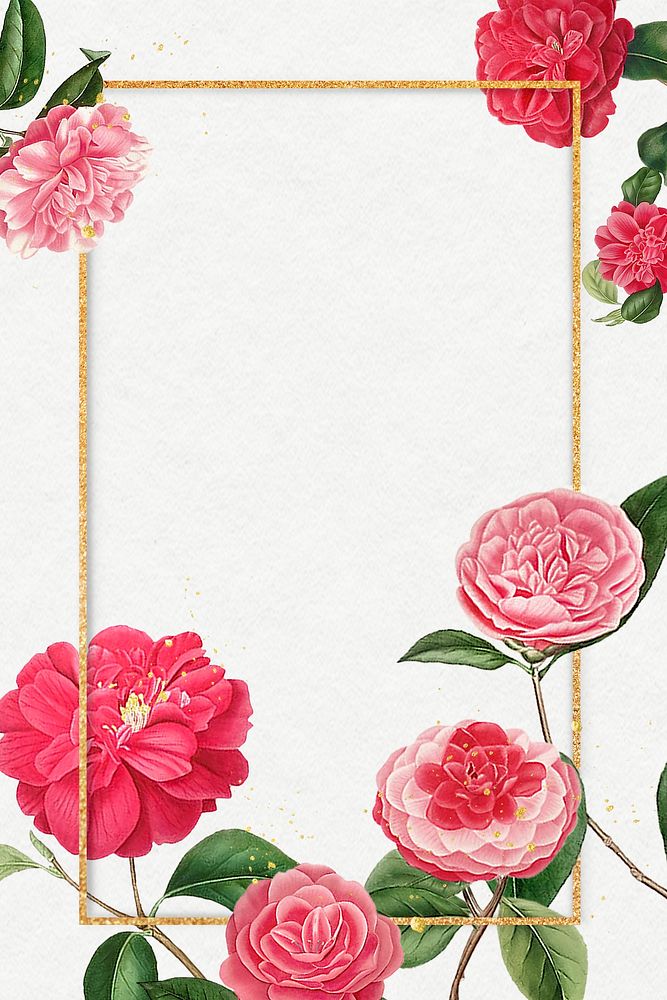 Red and pink camellia flower patterned blank frame mockup