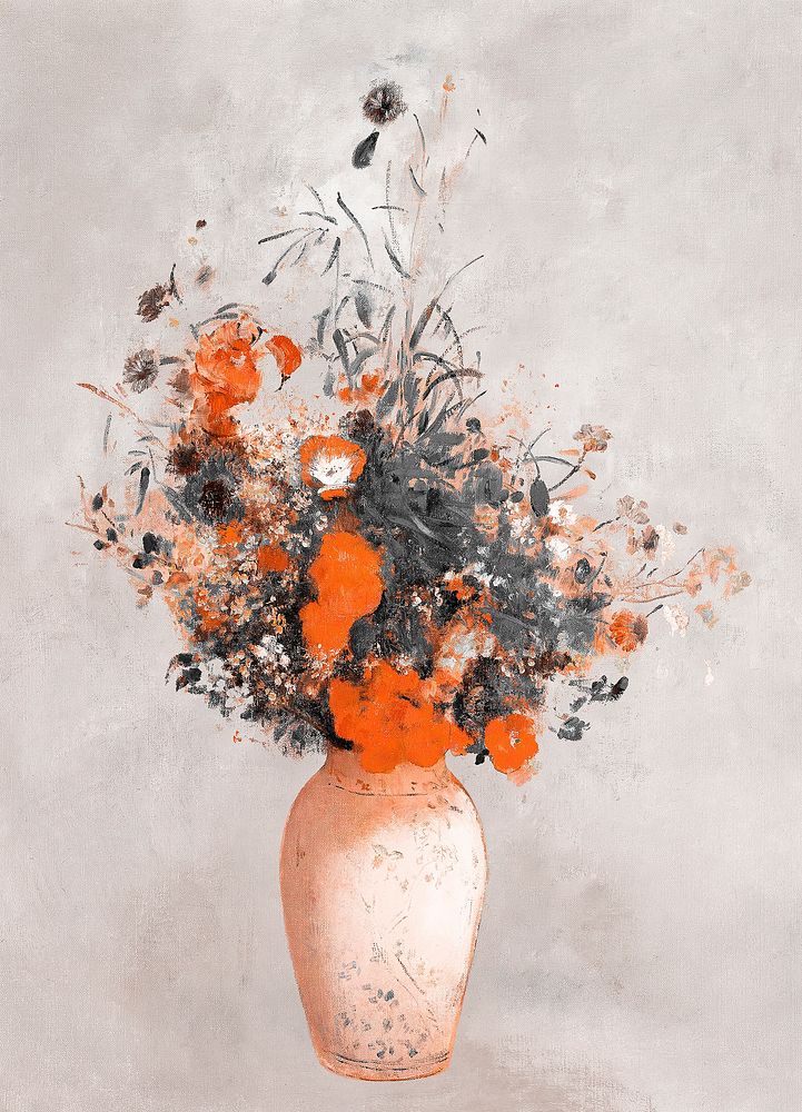 Orange vase of flowers vintage illustration, remix from original artwork.