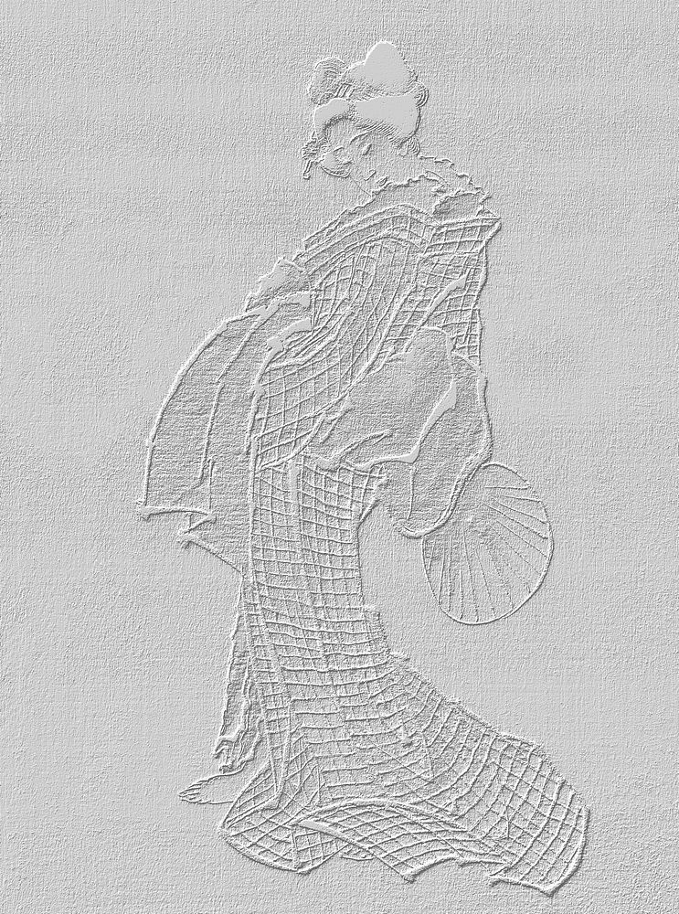 Embossed Japanese woman in a kimono, a traditional Japanese Ukyio-e style vintage illustration, remix from original artwork.