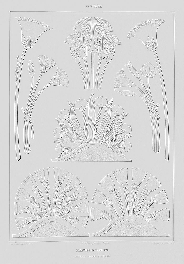 Embossed Egyptian plants and flowers vintage wall art print poster design remix from original artwork.