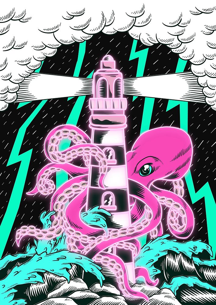 A giant octopus with tentacles wrapped around a lighthouse illustration.