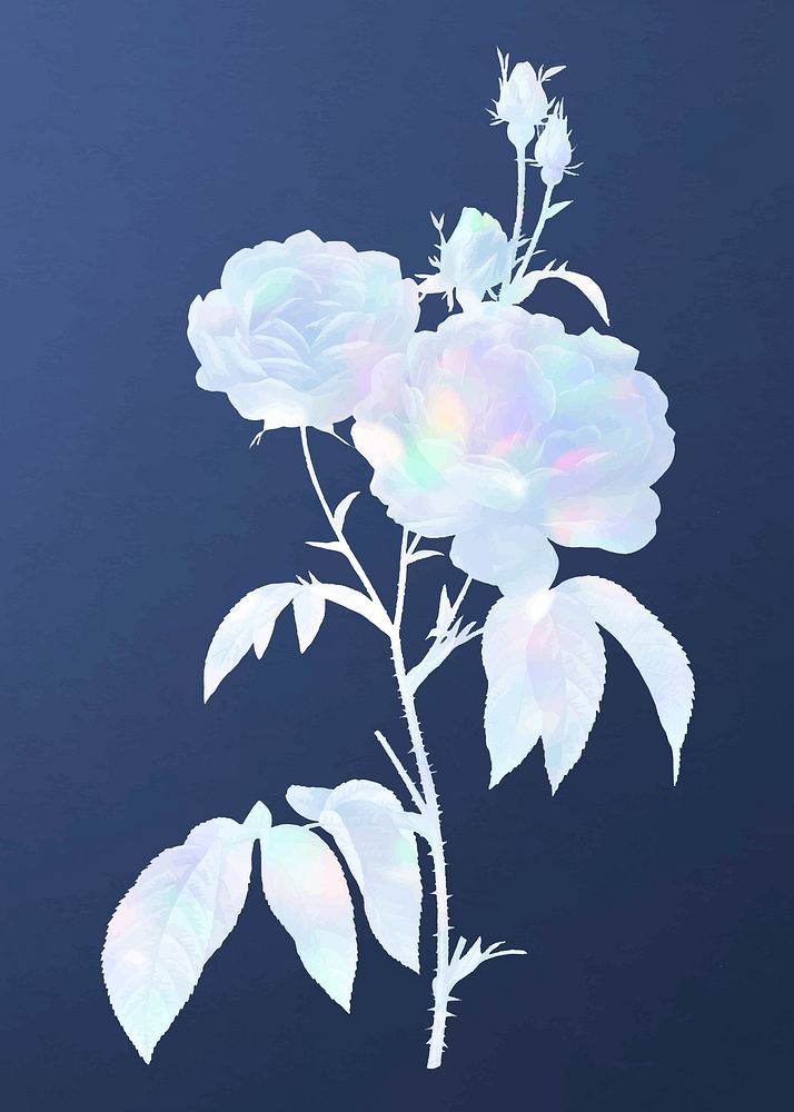 Blue holographic rose vintage wall art print poster design remix from original artwork by Pierre-Joseph Redout&eacute;.