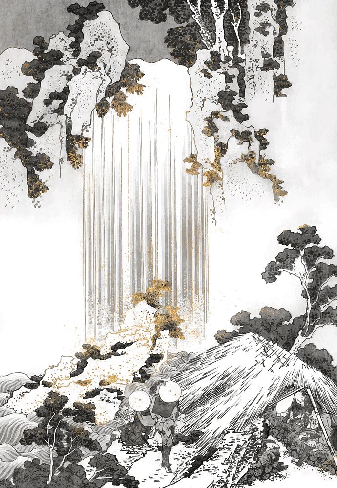 Shiny golden yoro waterfall vintage illustration vector, remix of original illustration by Hokusai.