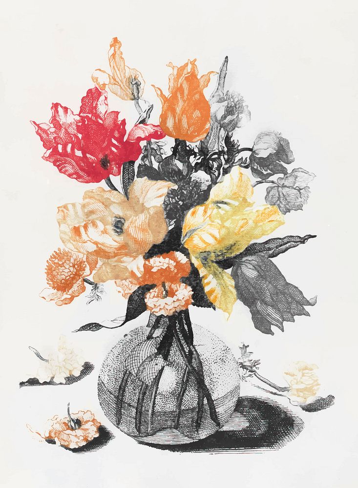 Flowers in a vase vintage vector wall art print and poster design remix from original artwork of Johan Teyler.