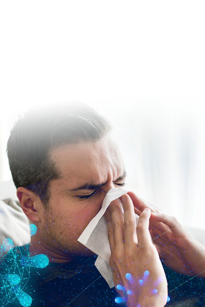 Man sneezing and showing coronavirus symptoms