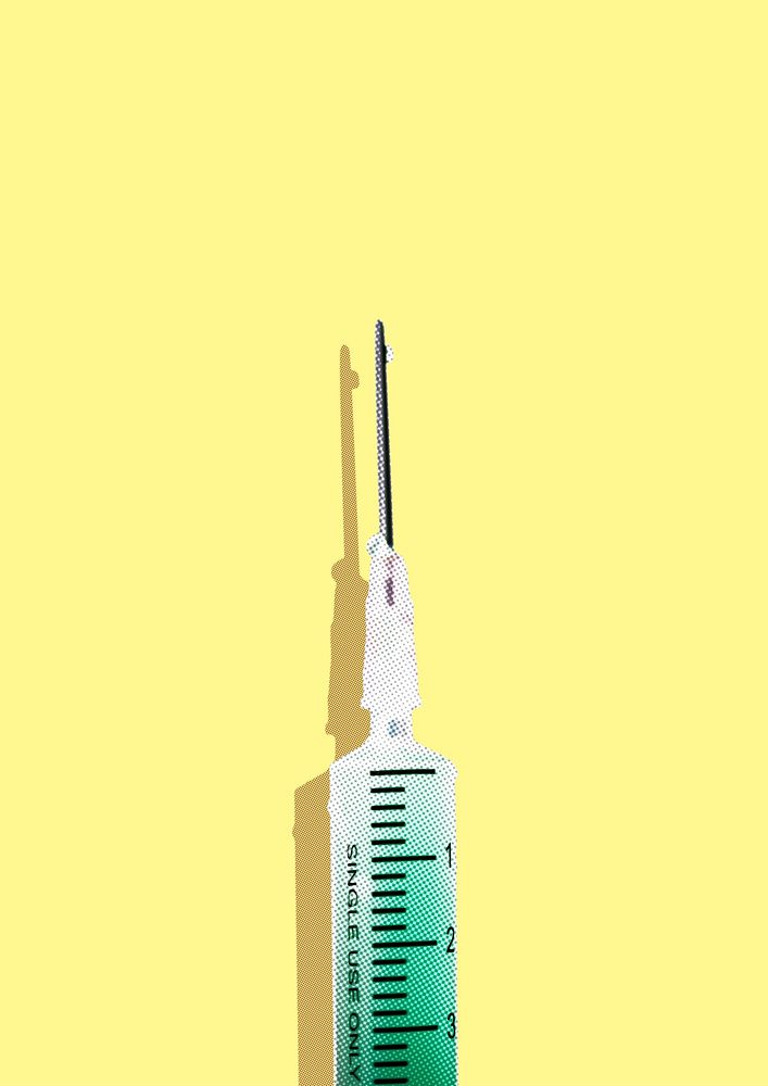 Syringe with a green solution on a yellow background