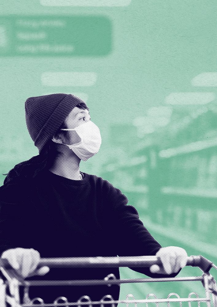 Woman with a face mask  buying food in a supermarket during coronavirus pandemic social template