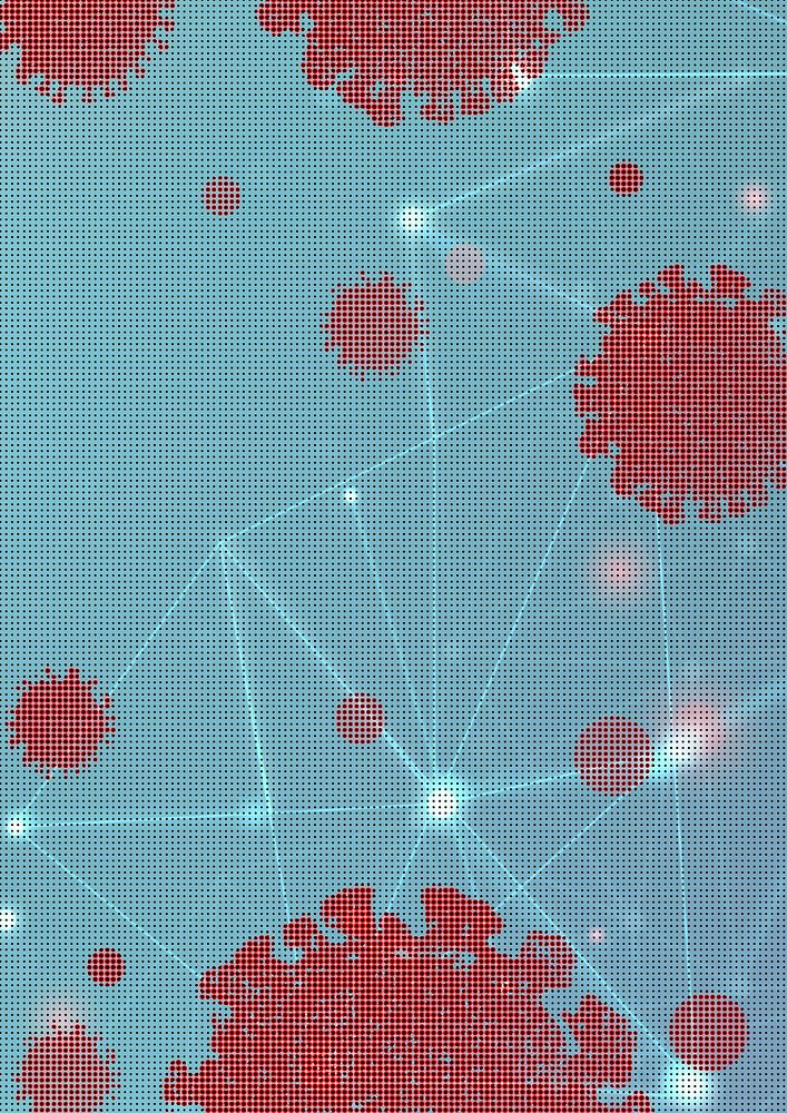 Red coronavirus cells on a blue background illustration