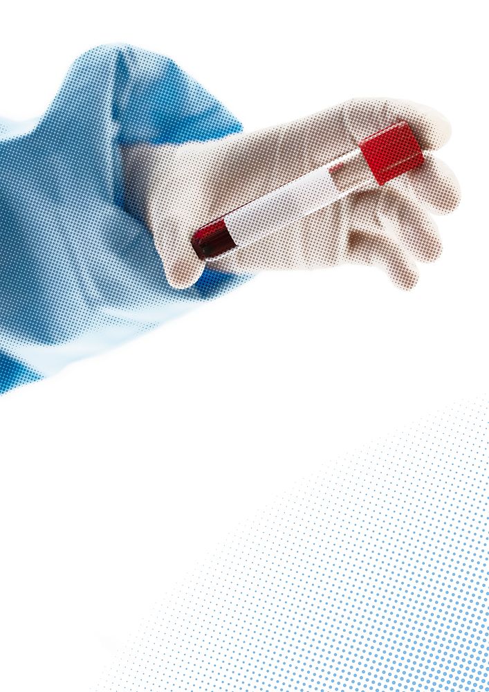 Hand wearing glove holding blood sample in tube test
