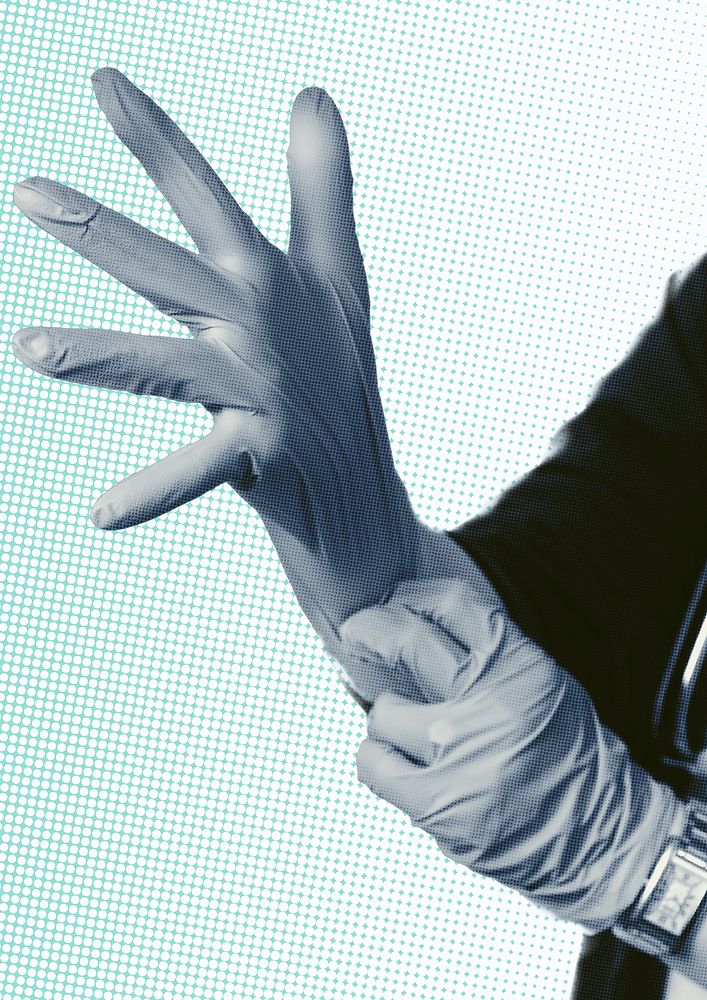 Doctor wearing latex gloves to prevent coronavirus contamination background
