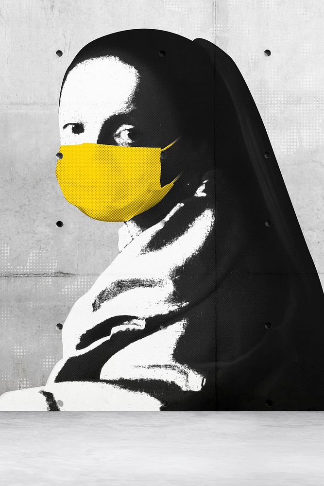 Johannes Vermeer&rsquo;s young woman wearing a face mask during coronavirus pandemic public domain remix
