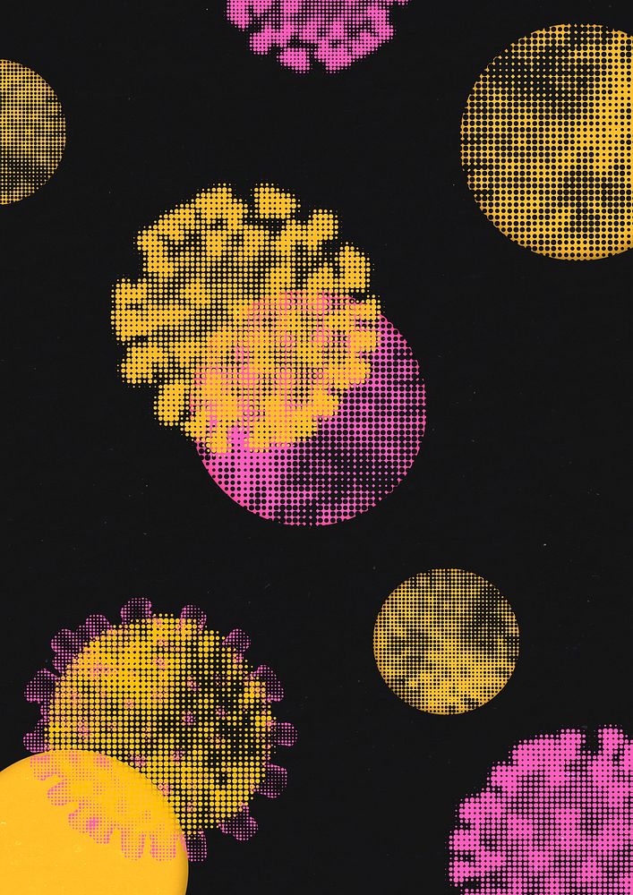 Pink and yellow halftone coronavirus on a black background