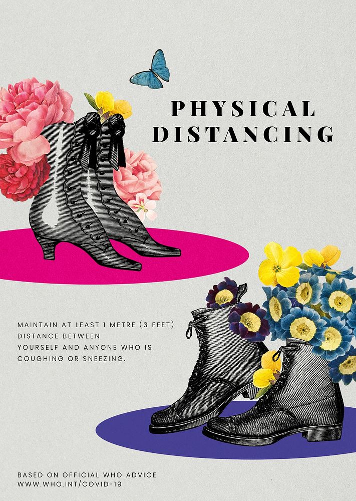 Advice on physical distancing by WHO and vintage pairs of shoes illustration vector poster