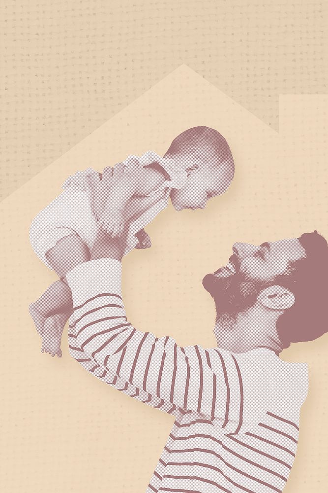Loving father raising baby up at home graphic illustration