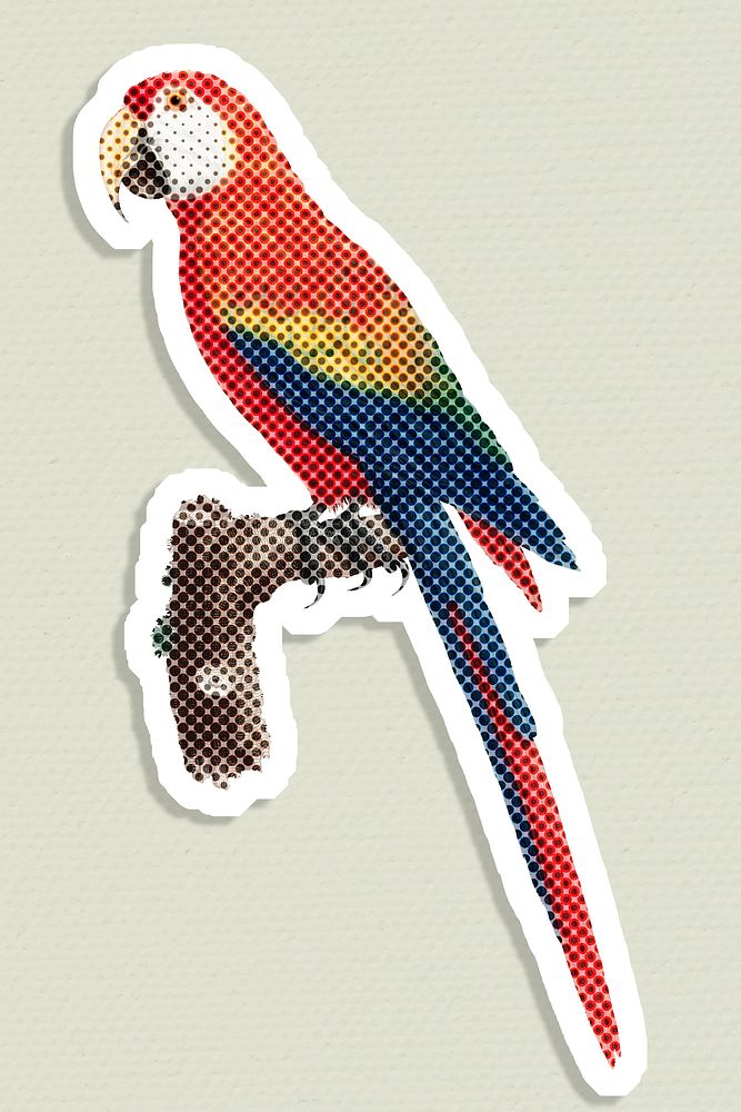 Halftone scarlet macaw bird sticker with a white border