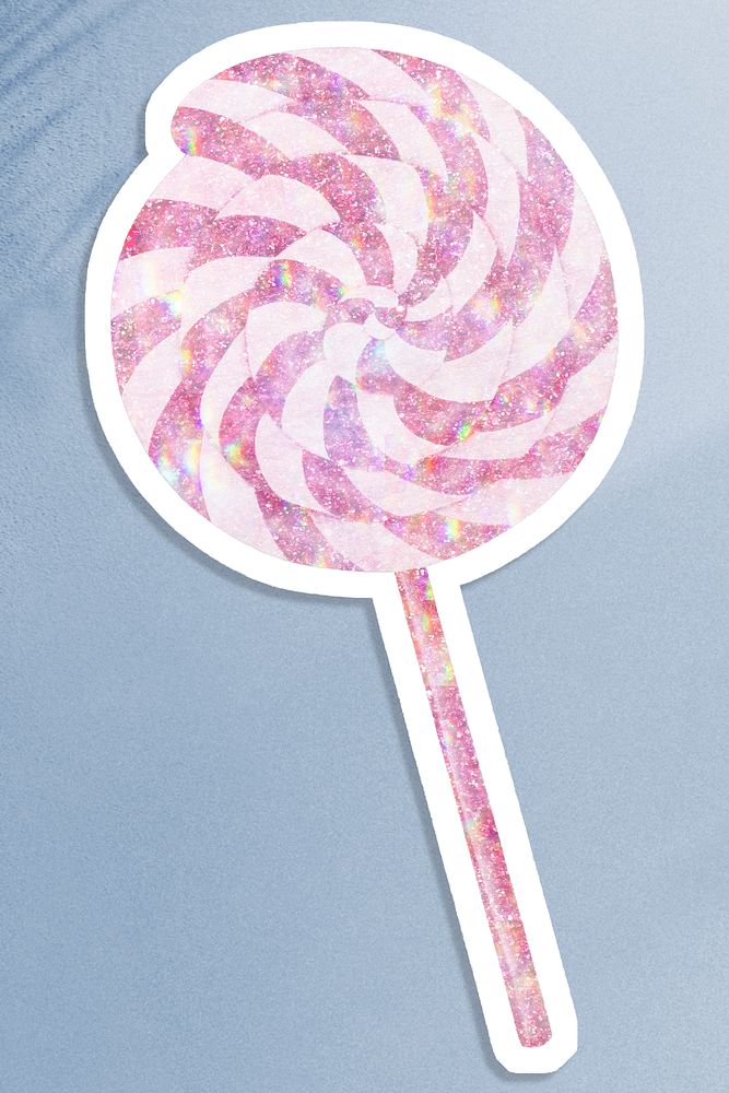 Pink holographic sweet lollipop sticker with white border