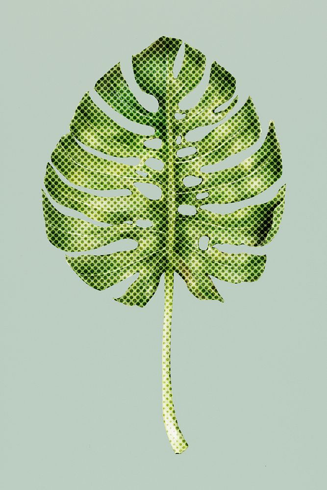 Green monstera leaf illustration halftone style on a green background