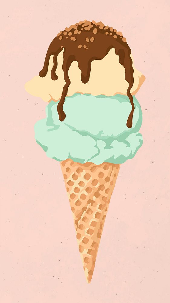 Vectorized ice cream scoops in a cone sticker overlay on a pink background 