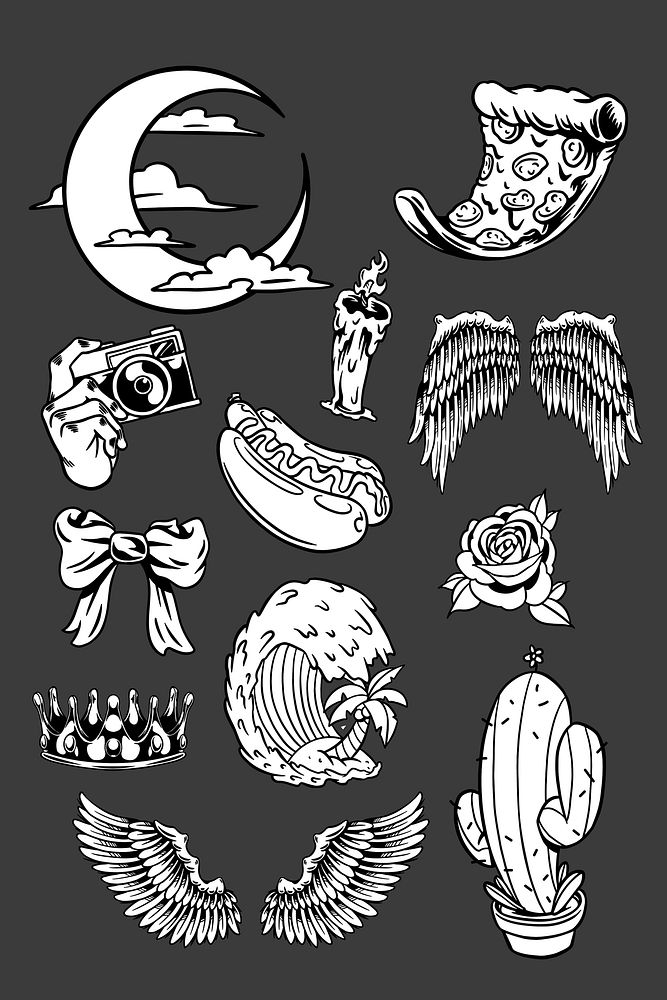 Cool black and white sticker set design resources