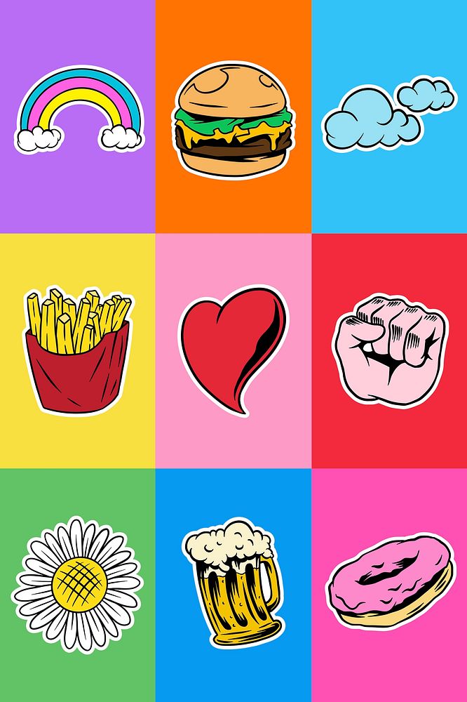 Cool pop art sticker with a white border set vector
