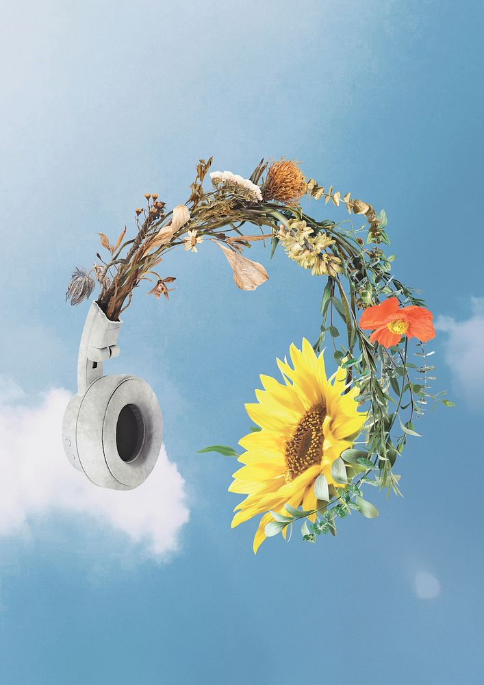 Blooming flower headphones in a blue sky
