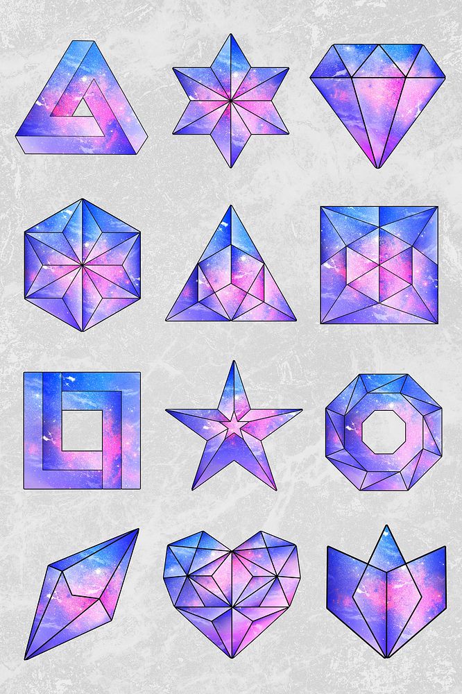 Galaxy patterned pink and purple geometrical shaped sticker set