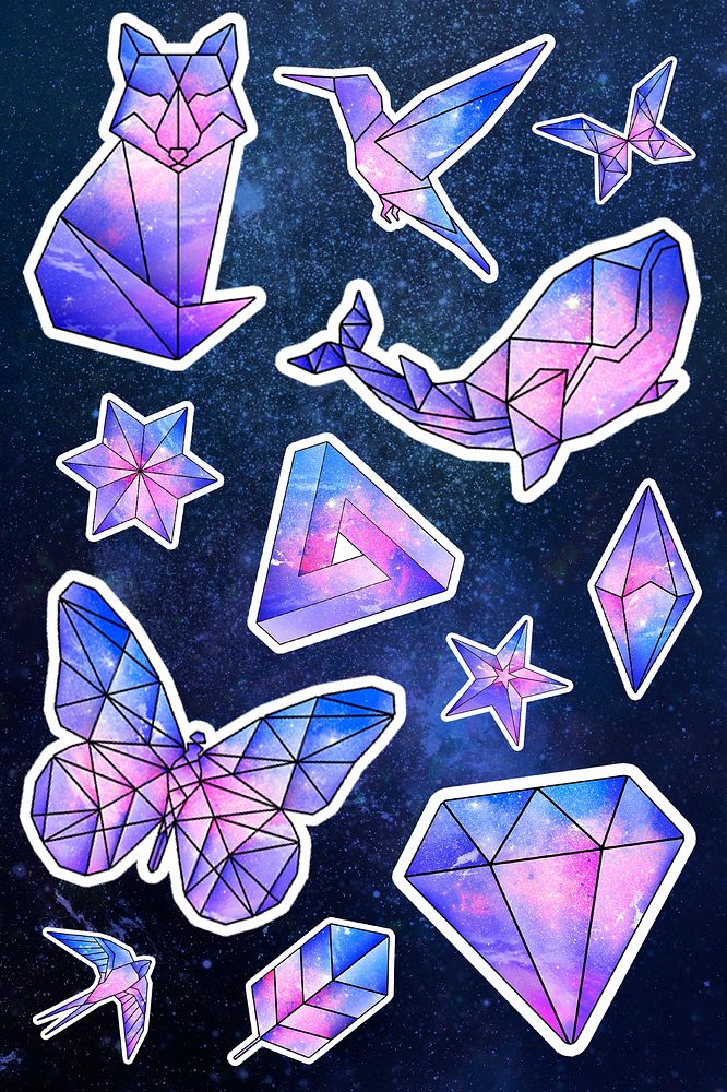 Galaxy patterned geometrical shaped animals and objects sticker set