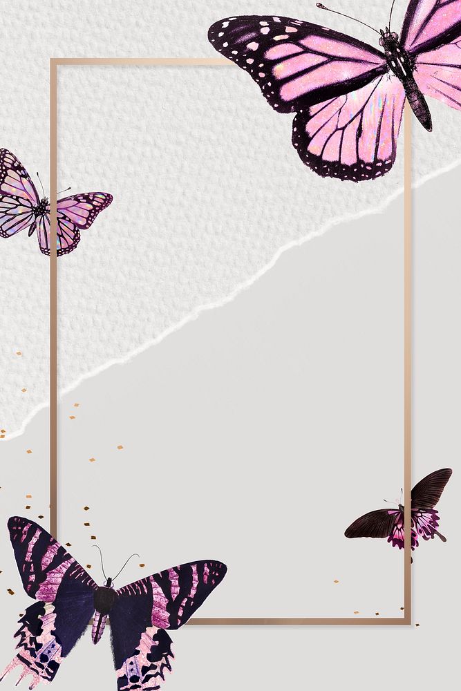 Pink holographic and glittery butterfly on a gold frame design element