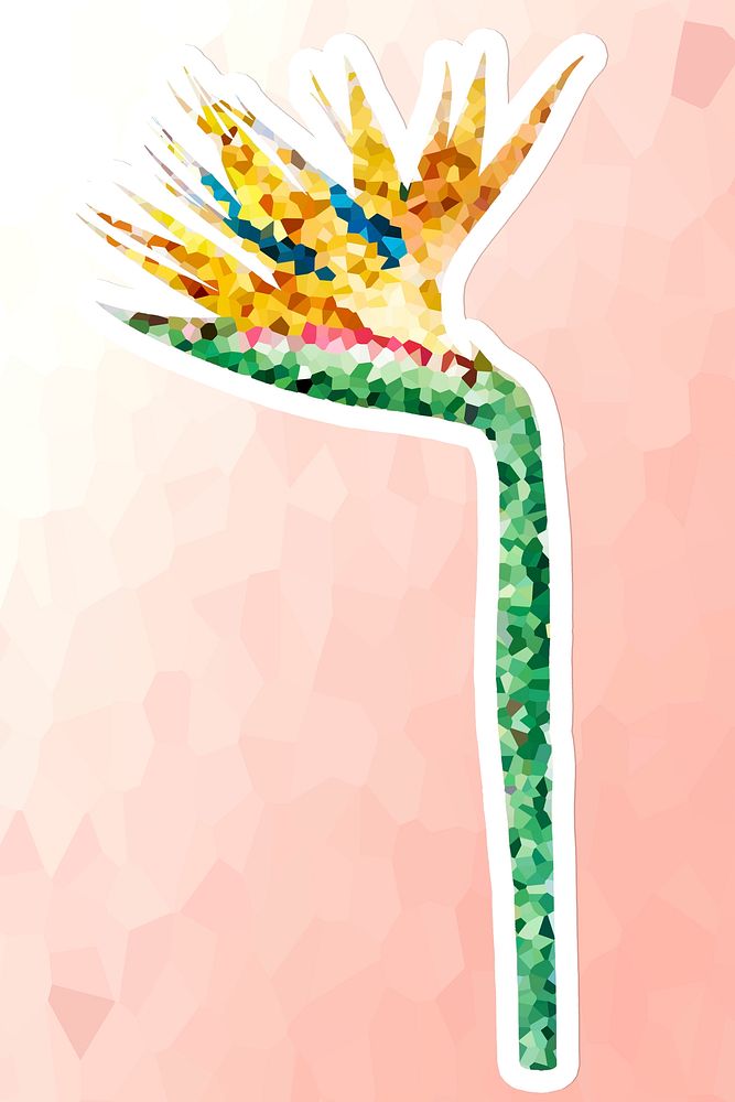 Crystallized bird of paradise flower sticker overlay with a white border illustration
