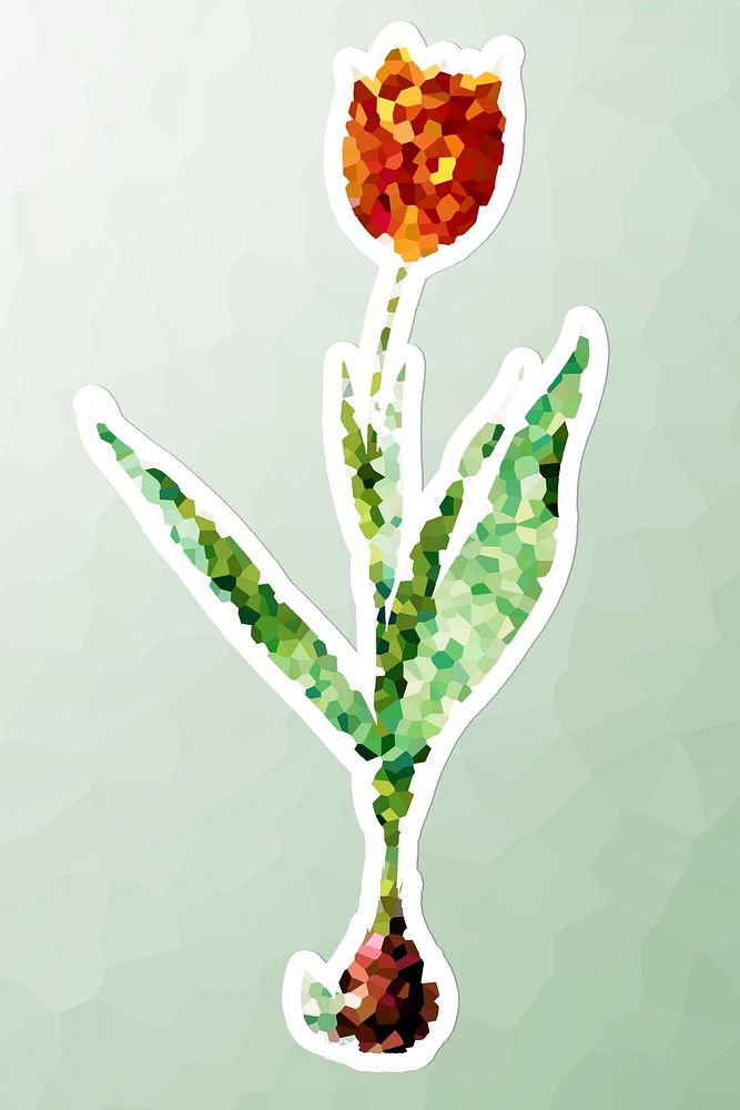 Crystallized tulip flower sticker overlay with a white border illustration
