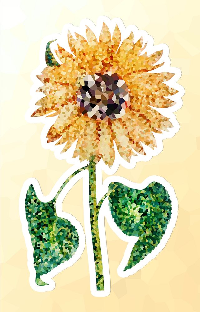 Crystallized sunflower flower sticker overlay with a white border illustration