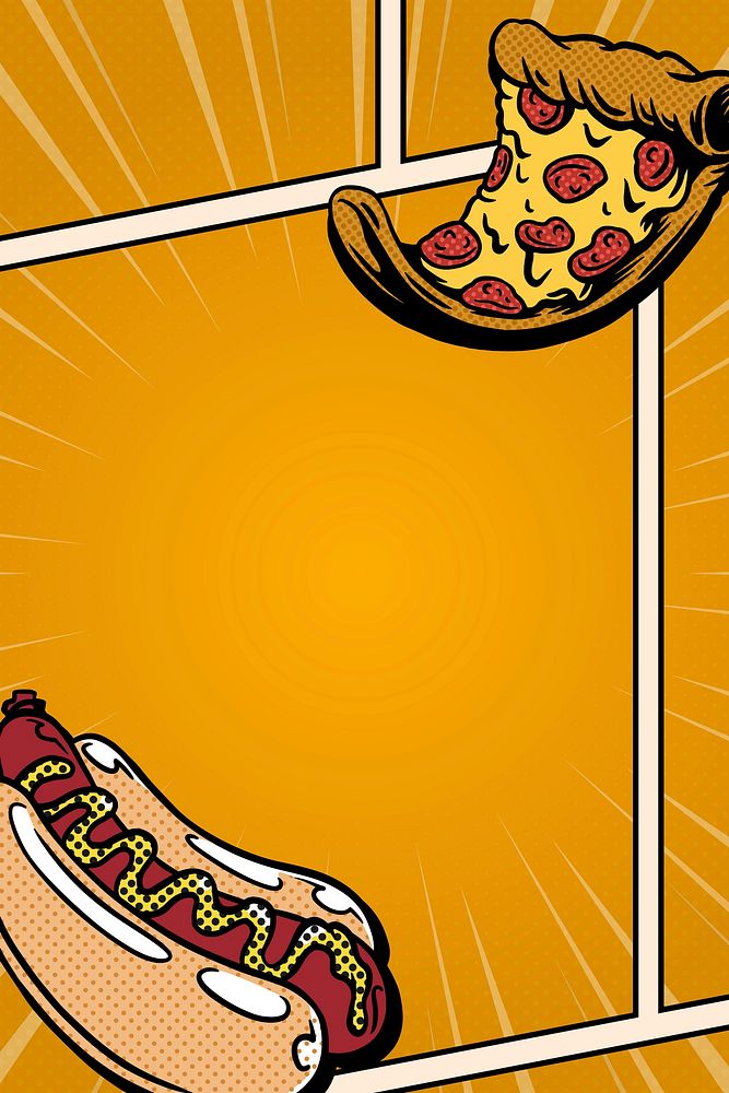 Pop art hotdog and pizza comic strip template vector