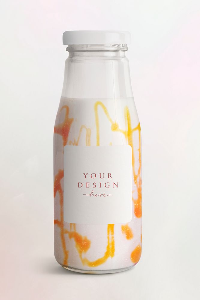 Caramel smoothie in a glass bottle with a label mockup