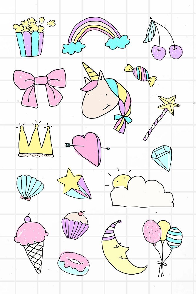 Cute pastel doodle sticker with a white border set on a grid background vector