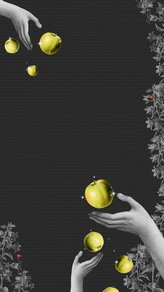 Hands throwing green apples on black background