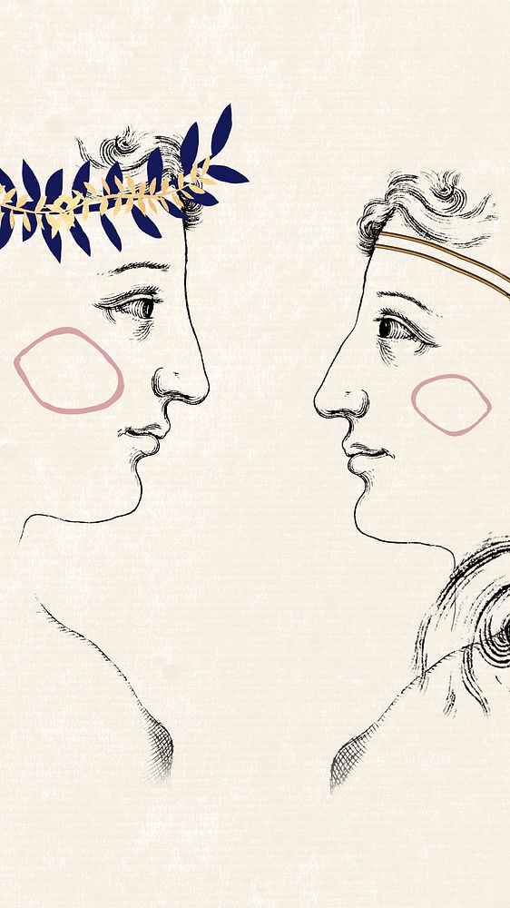 Human faces with wreath vintage illustration