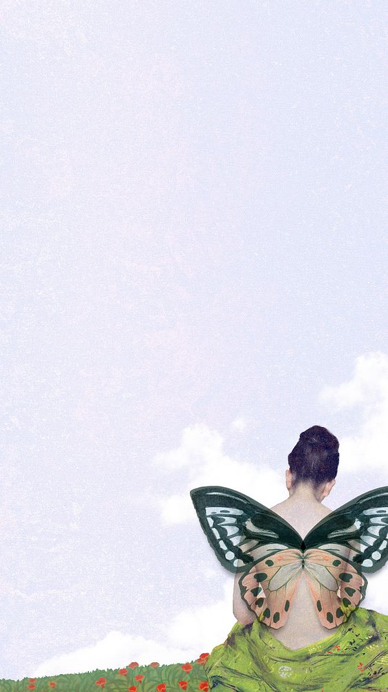 Nude woman with butterfly wings on sky background