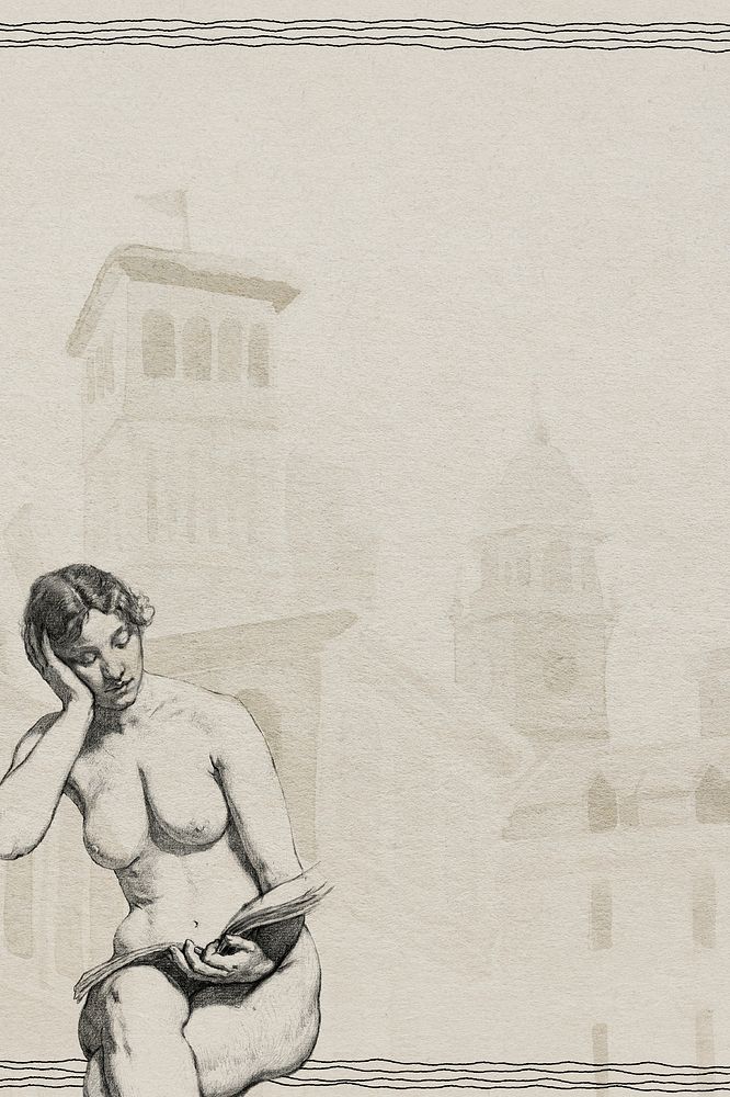 Nude lady reading book on building background