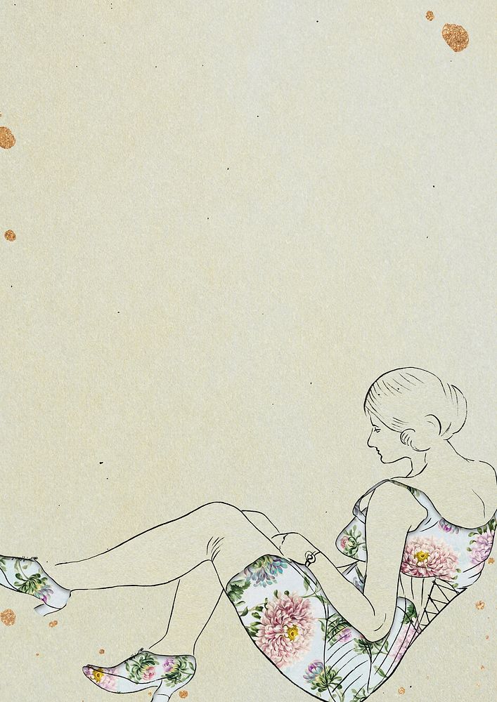 Sketch of woman in floral dress vintage illustration