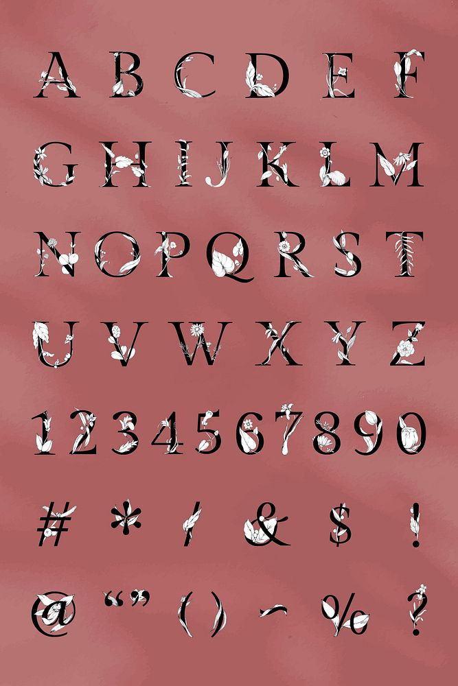 Vector alphabet sign number set floral typography
