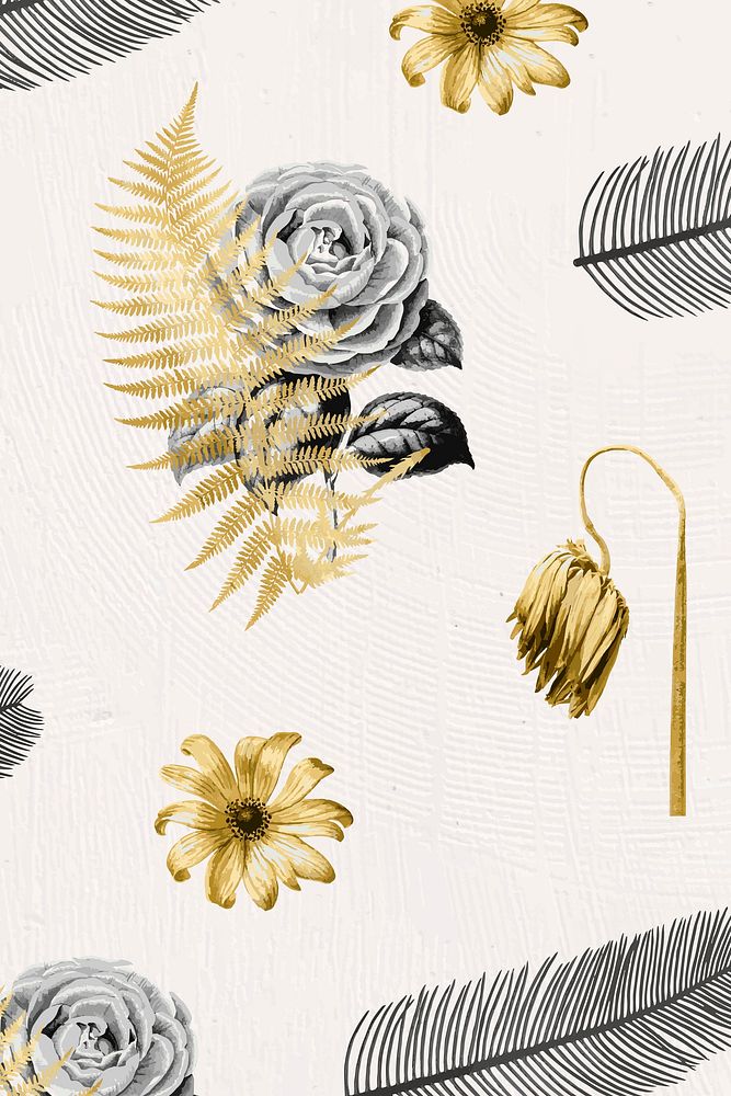 Flowers and leaf vector metallic gold hand drawn botanical pattern