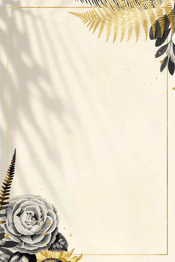 Vector camellia fern leaf gold frame on beige textured banner