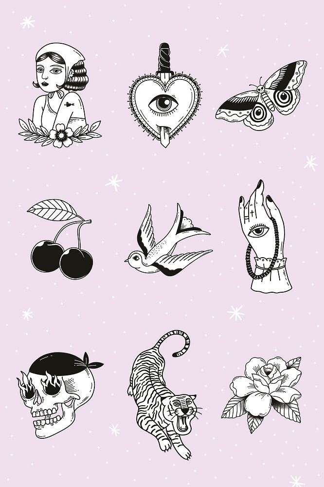 Black & white creative tattoo element psd set