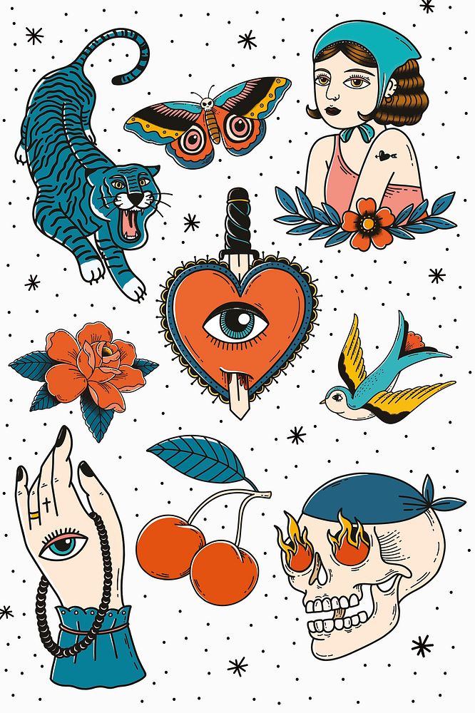 Retro creative tattoo element psd set with pattern background