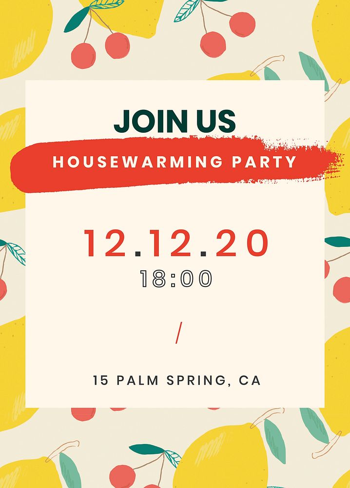 Vector housewarming party invitation card template lemon cherry pattern