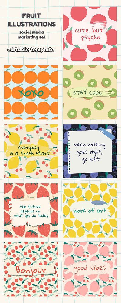 Vector fruit pattern quote social media ads template set