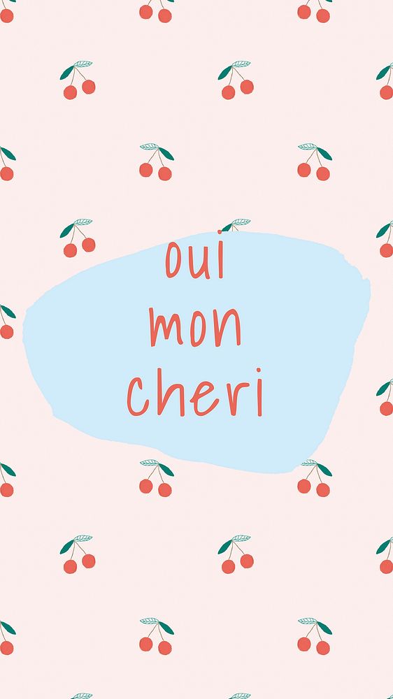 Vector quote on cherry pattern background social media post oui mon cheri