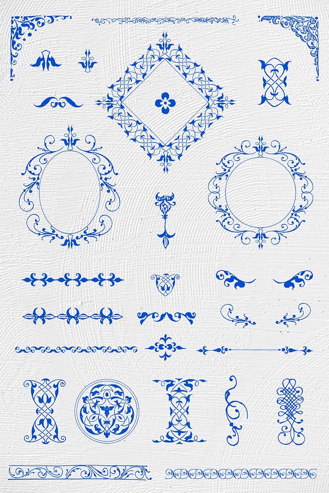 Vintage blue ornamental element set, remix from The Model Book of Calligraphy Joris Hoefnagel and Georg Bocskay